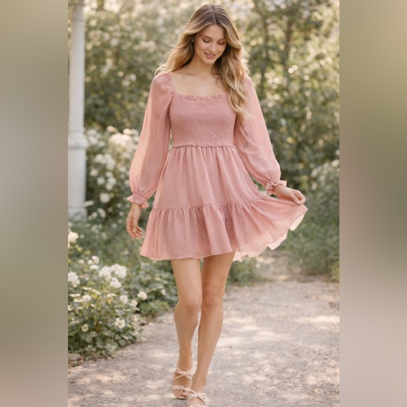 1. State Dresses & Skirts - 1.STATE Smocked Babydoll Dress Pink Sheer Sleeve Romantic Fairycore